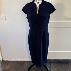 Calvin Klein Navy Notch-Neck Midi Sheath Dress